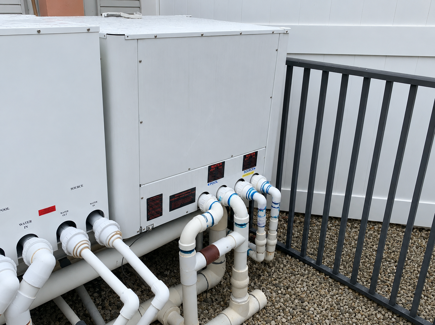 Water source pool heating equipment with dedicated water and pool piping connections